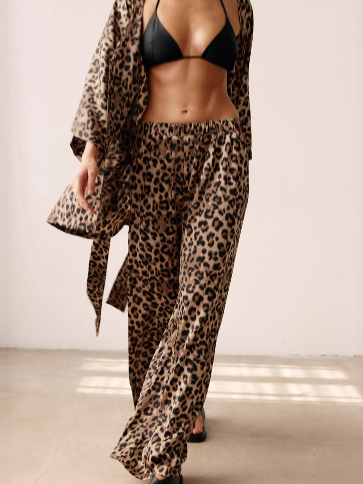 Leopard Cardigan and Wide Leg Pants Lounge Set