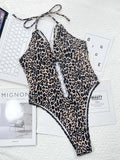 Leopard Cutout Halter Neck One Piece Swimwear