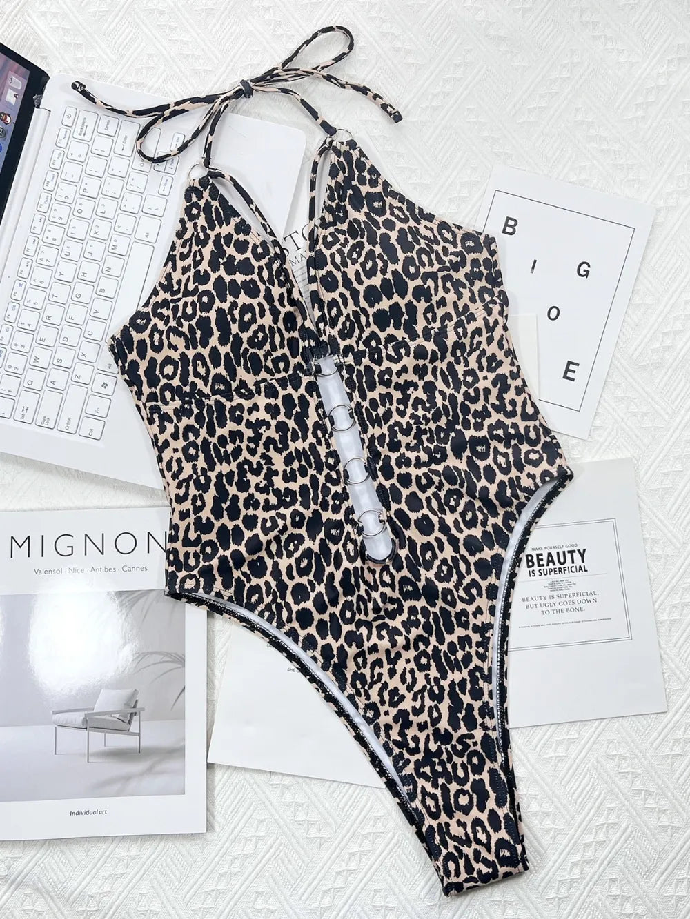 Leopard Cutout Halter Neck One Piece Swimwear