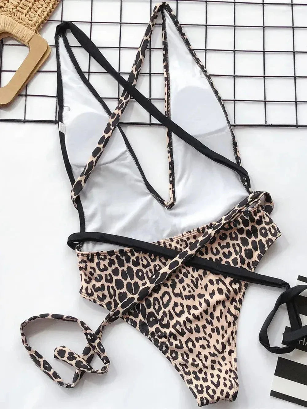 Leopard Plunge Tie One Piece Swimsuit