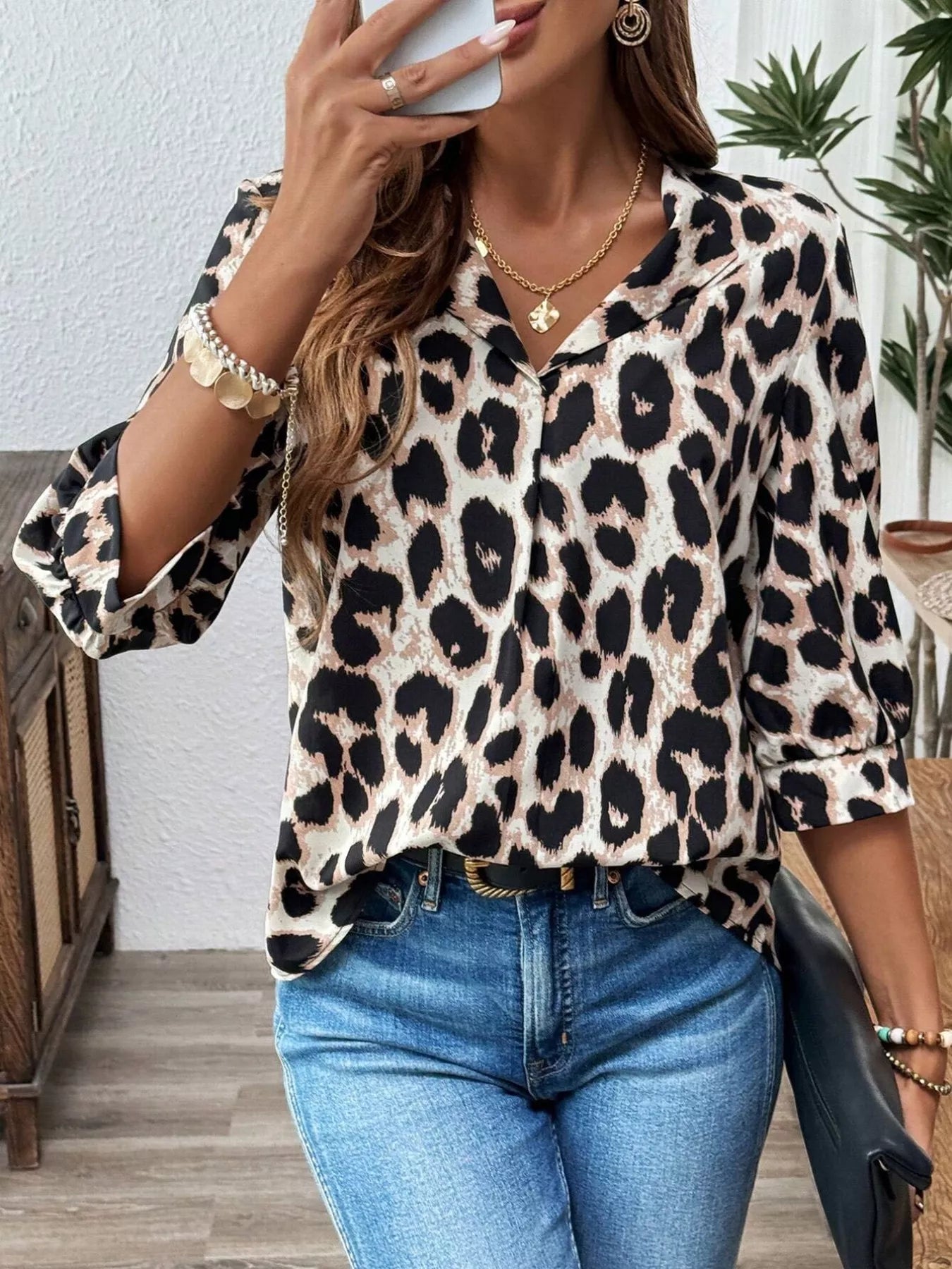 Leopard Print 3/4 Sleeve Blouse