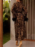 Leopard Print Feather-Trimmed Lounge Nightgown Robe