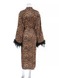 Leopard Print Feather-Trimmed Lounge Nightgown Robe