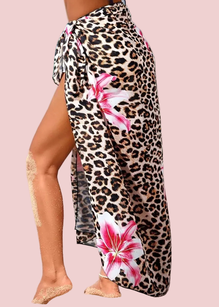 Leopard Print Floral High-Slit Beach Sarong Wrap