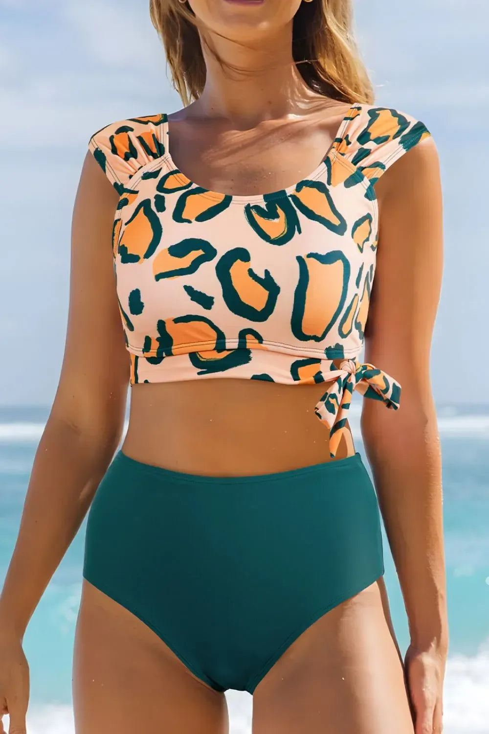 Leopard Print High Waist Bikini Set Dark Green / S