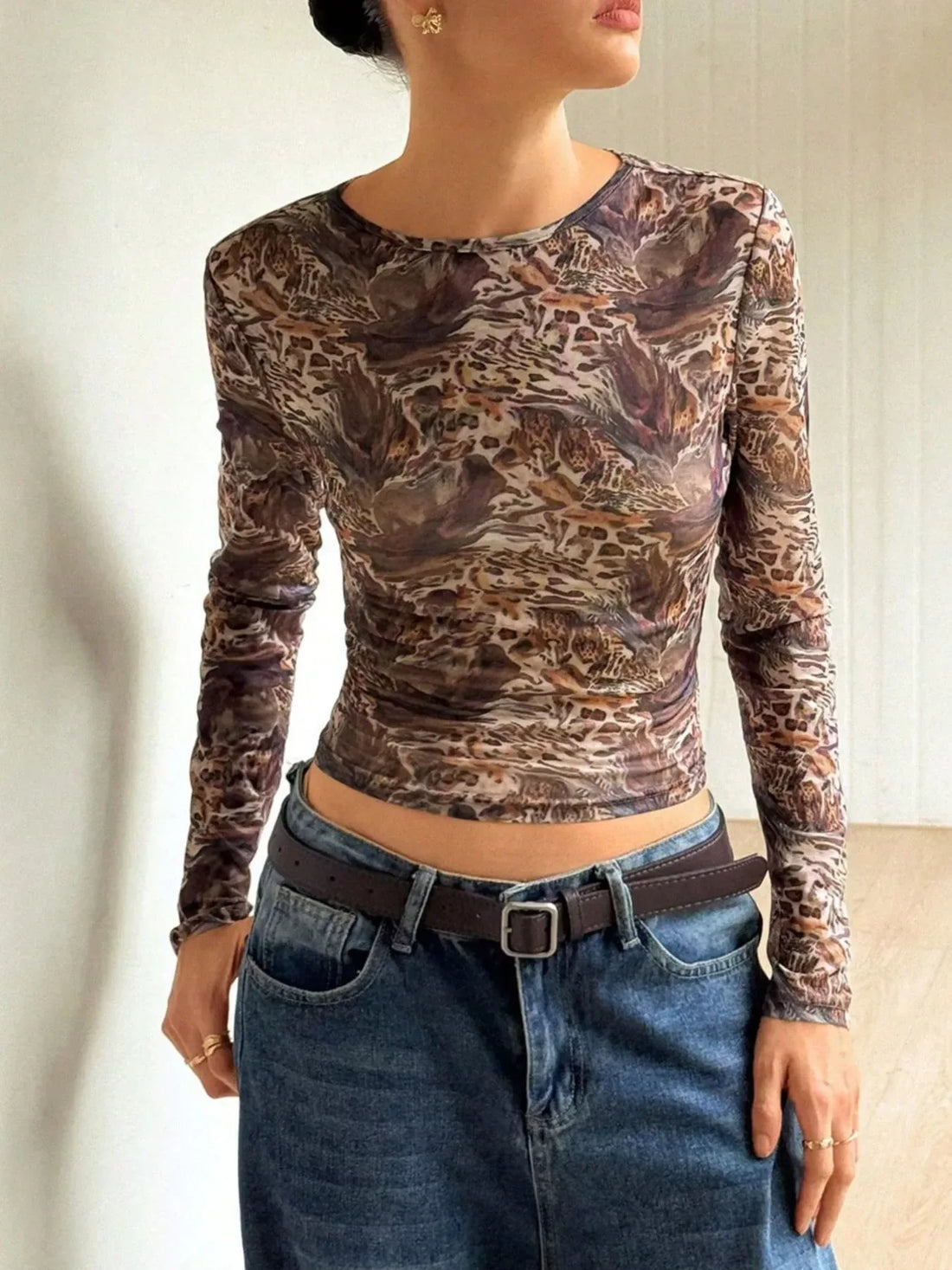 Leopard Print Long Sleeve Mesh Top Brown / S