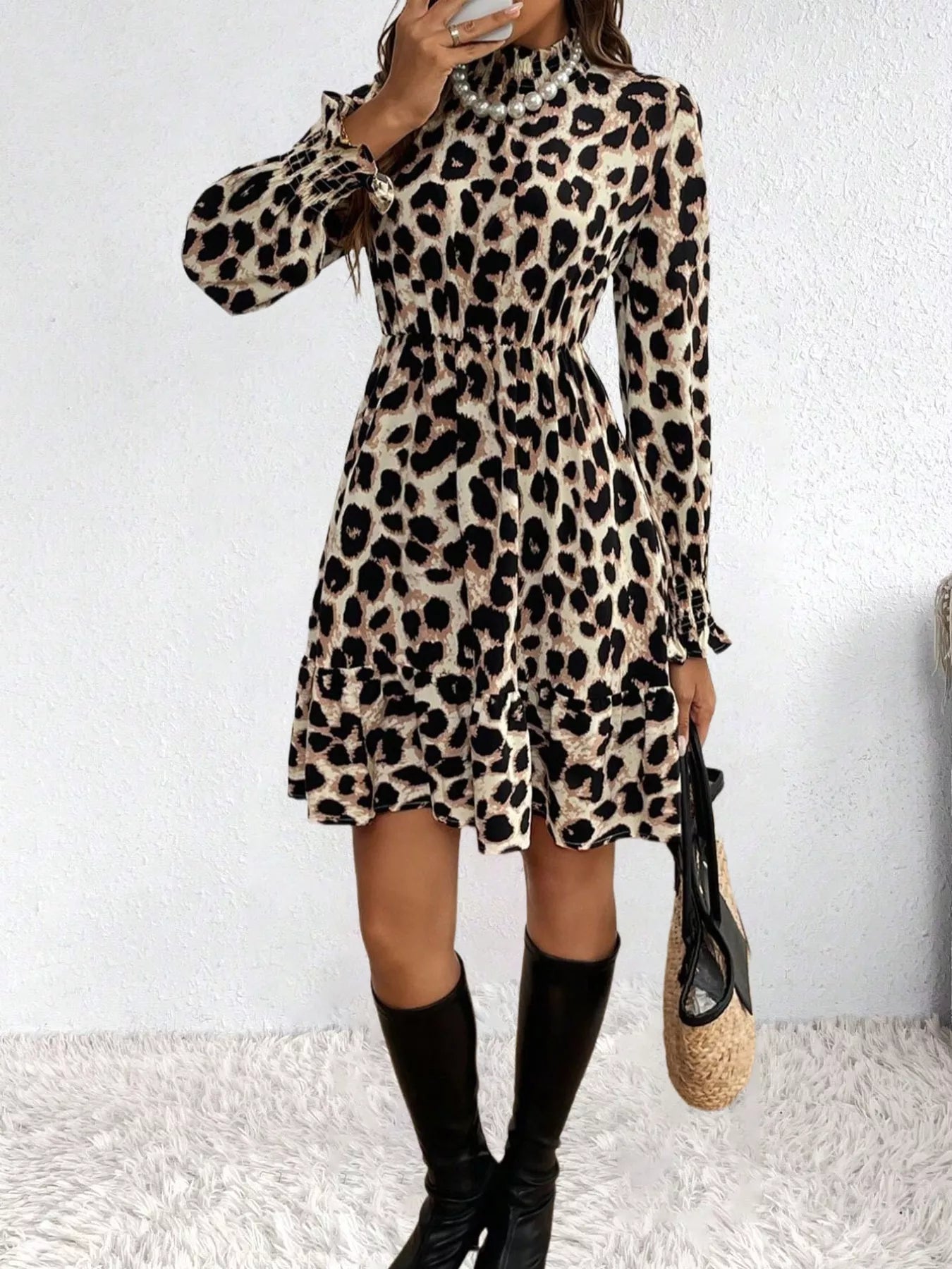 Leopard Print Ruffle Hem Mini Dress