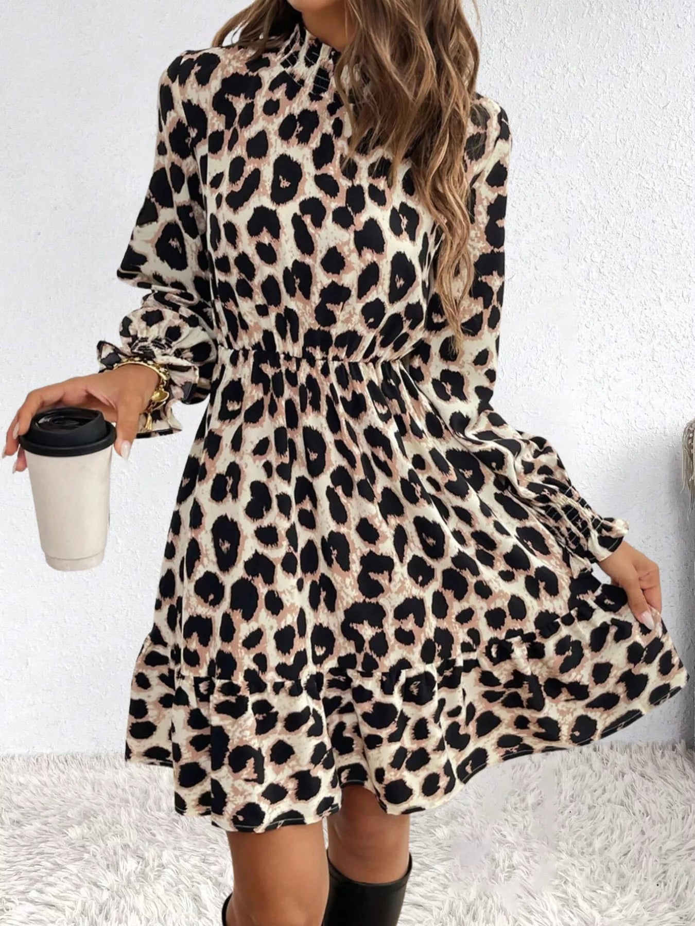Leopard Print Ruffle Hem Mini Dress