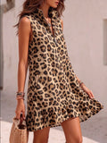 Leopard Print Zipper-Neck Ruffle Hem Mini Dress