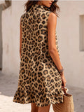 Leopard Print Zipper-Neck Ruffle Hem Mini Dress