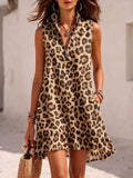 Leopard Print Zipper-Neck Ruffle Hem Mini Dress Camel / S