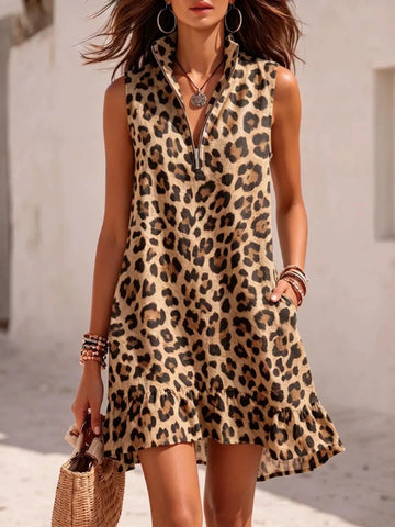 Leopard Print Zipper-Neck Ruffle Hem Mini Dress Camel / S