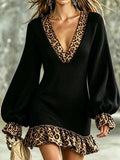 Leopard Print Ruffled Trim Knit Dress Black / S