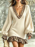 Leopard Print Ruffled Trim Knit Dress Cream / S