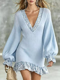 Leopard Print Ruffled Trim Knit Dress Light Blue / S