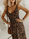 Leopard Print Spaghetti Strap Summer Maxi Dress