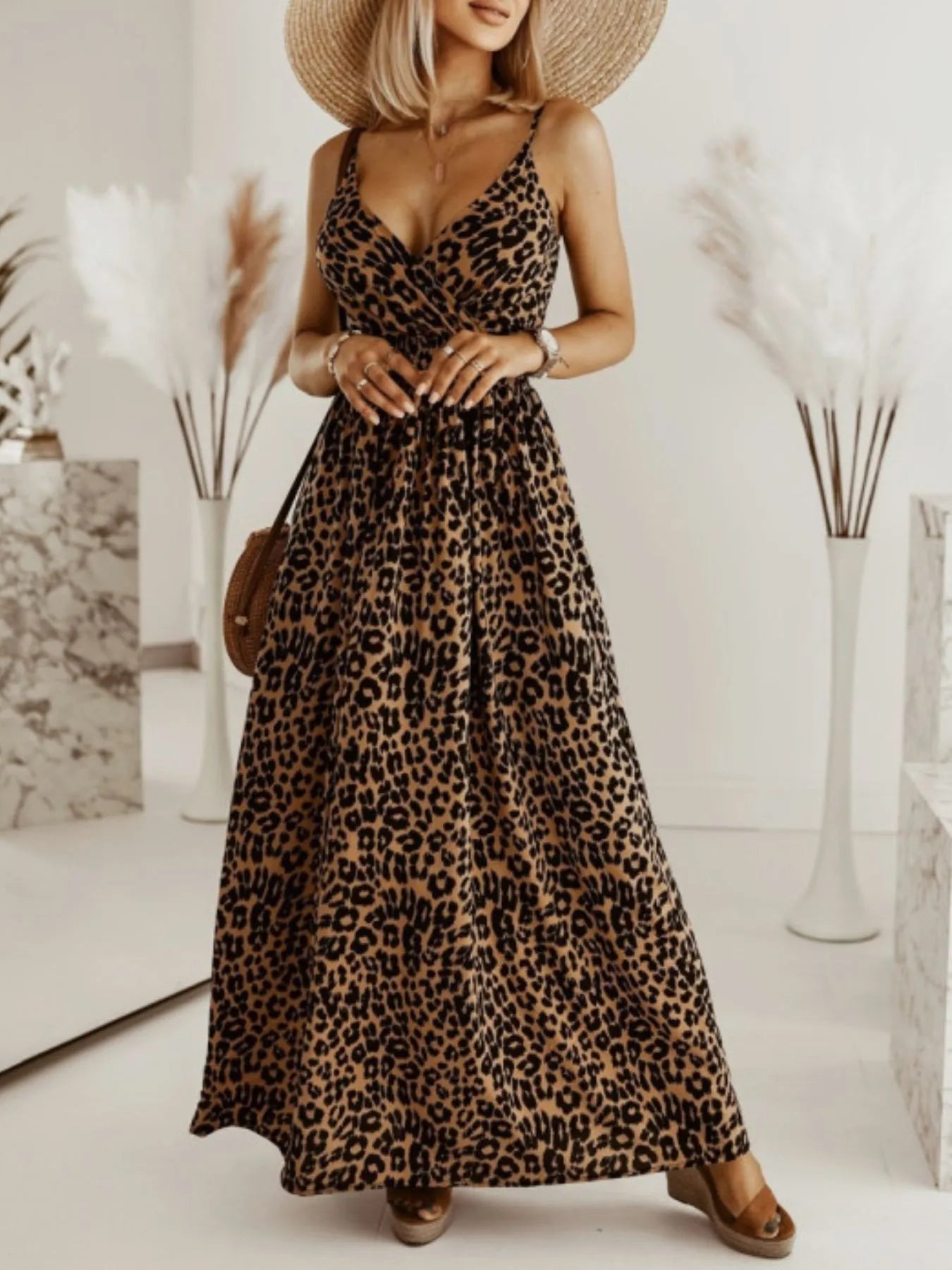 Leopard Print Spaghetti Strap Summer Maxi Dress Yellow Leopard Print / S