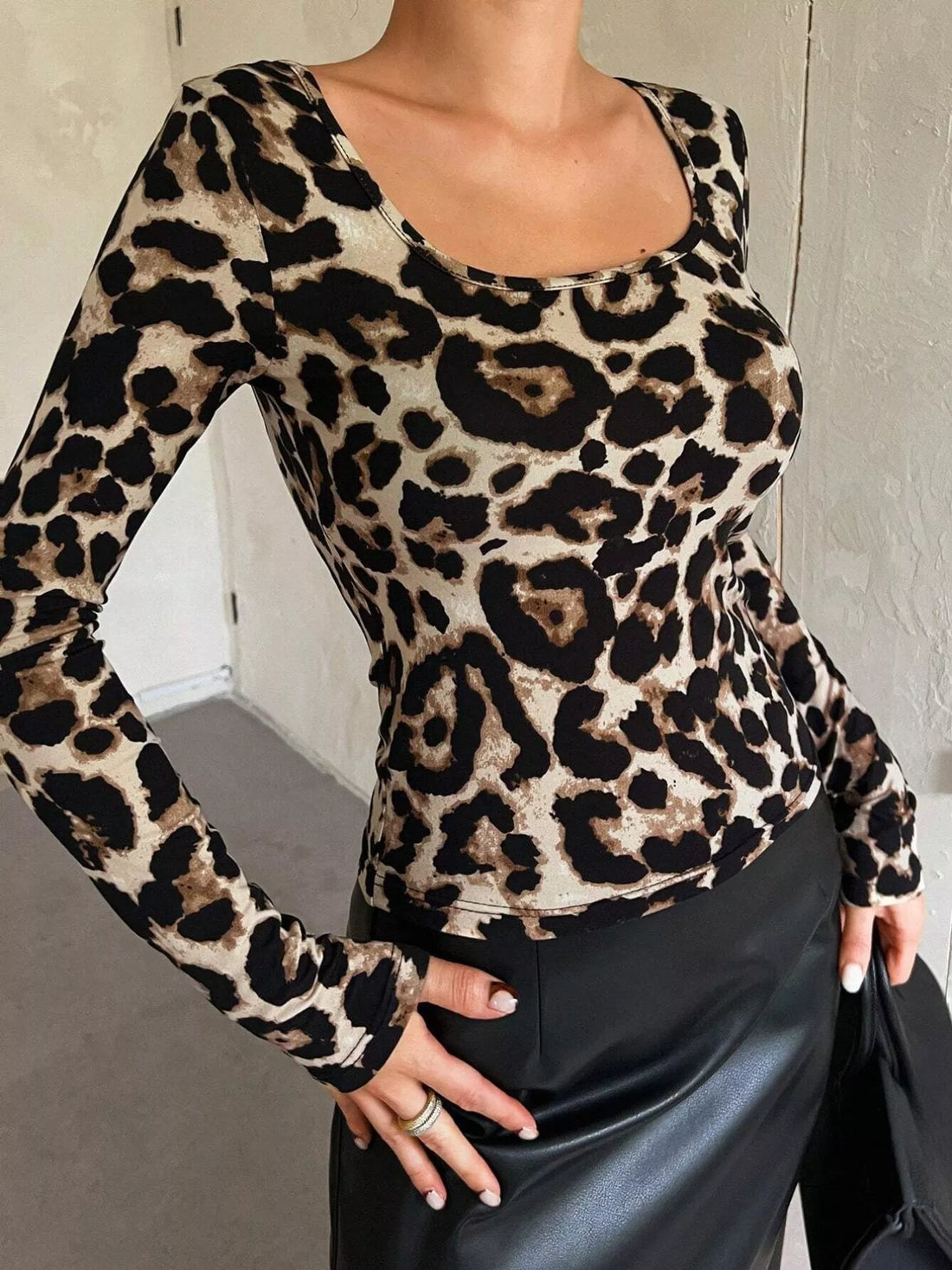 Leopard Print Square Neck Long Sleeve Top Leopard / S