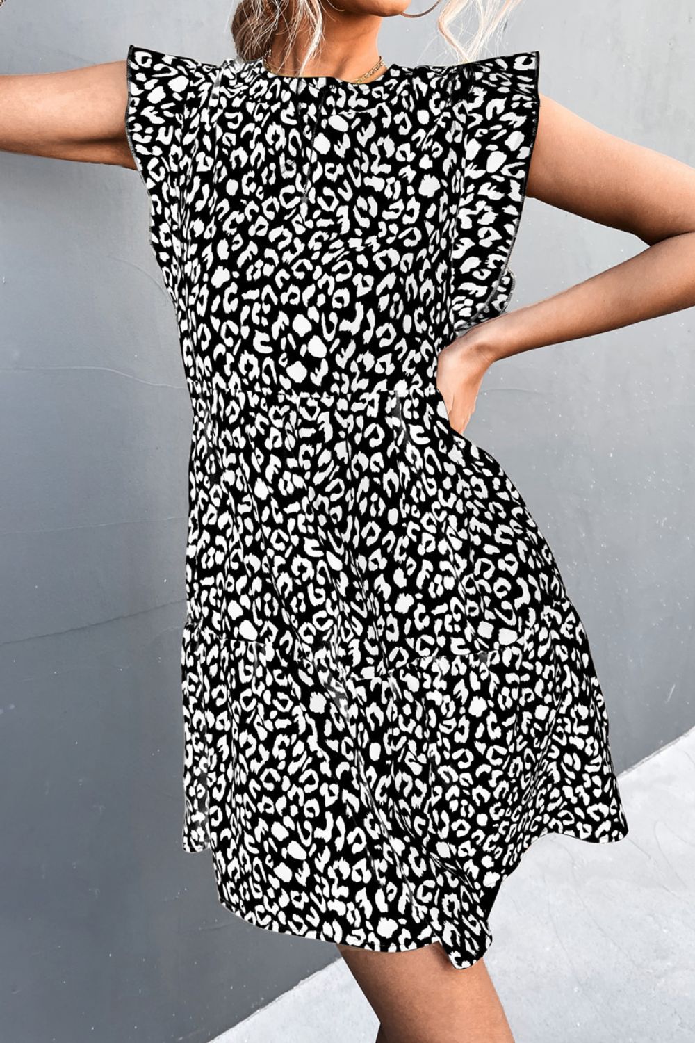 Leopard Ruffle Neck Mini Dress