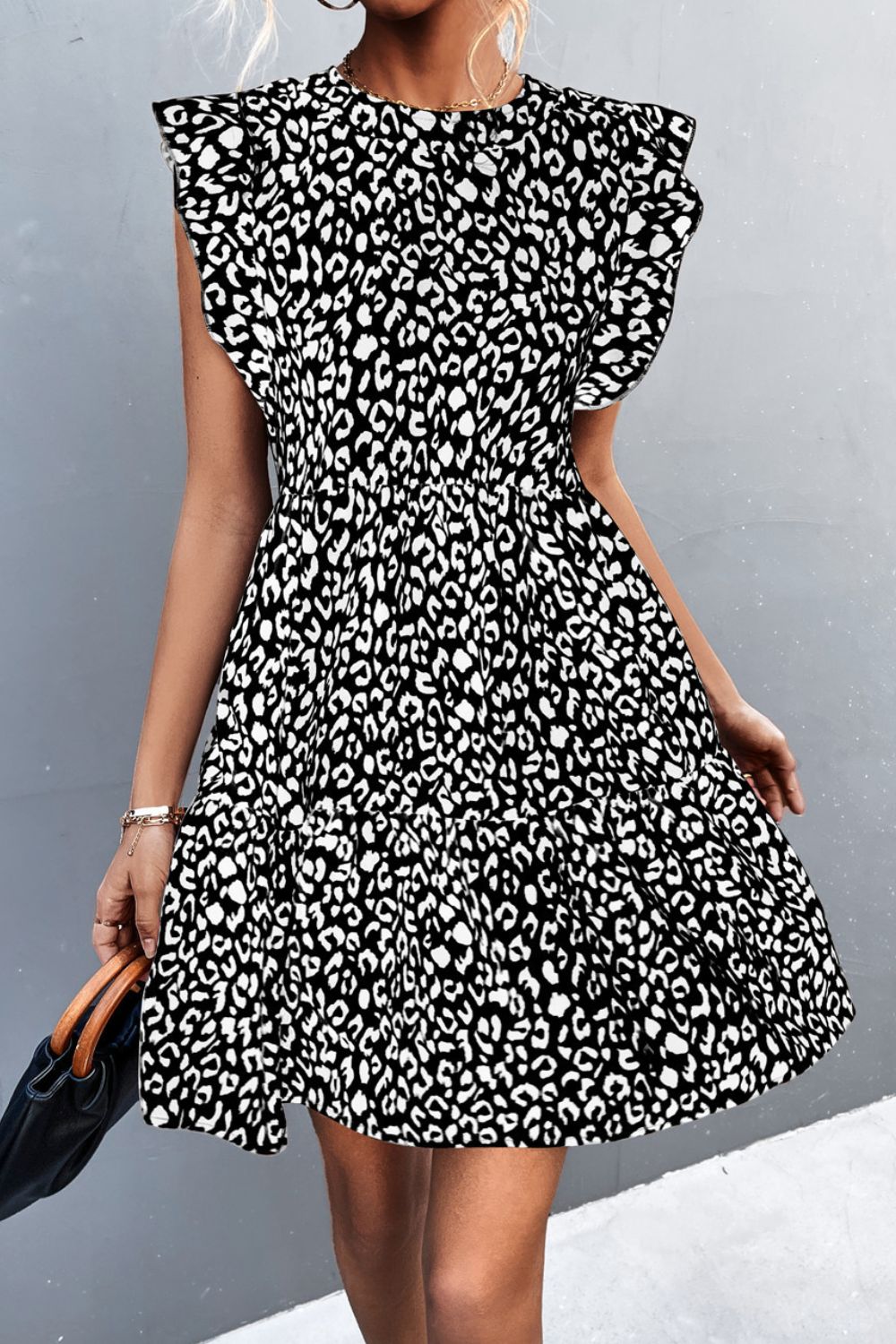 Leopard Ruffle Neck Mini Dress Black / S