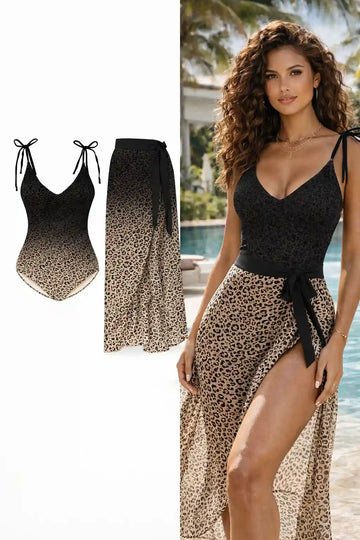 Leopard Tie Shoulder Swimwear and Skirt Swim Set