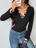 Leopard Trim Ribbed Knit Bodysuit