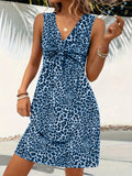 Leopard V-Neck Sleeveless Mini Dress Sky Blue / S
