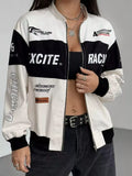 Letter Print Zip Up Jacket Apricot / XS