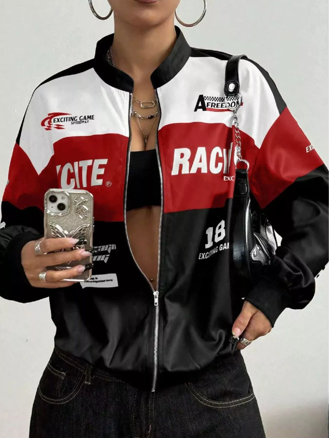 Letter Print Zip Up Jacket Black / XS