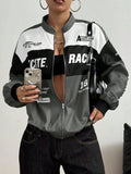 Letter Print Zip Up Jacket Dark Gray / XS