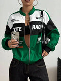 Letter Print Zip Up Jacket Green / XS