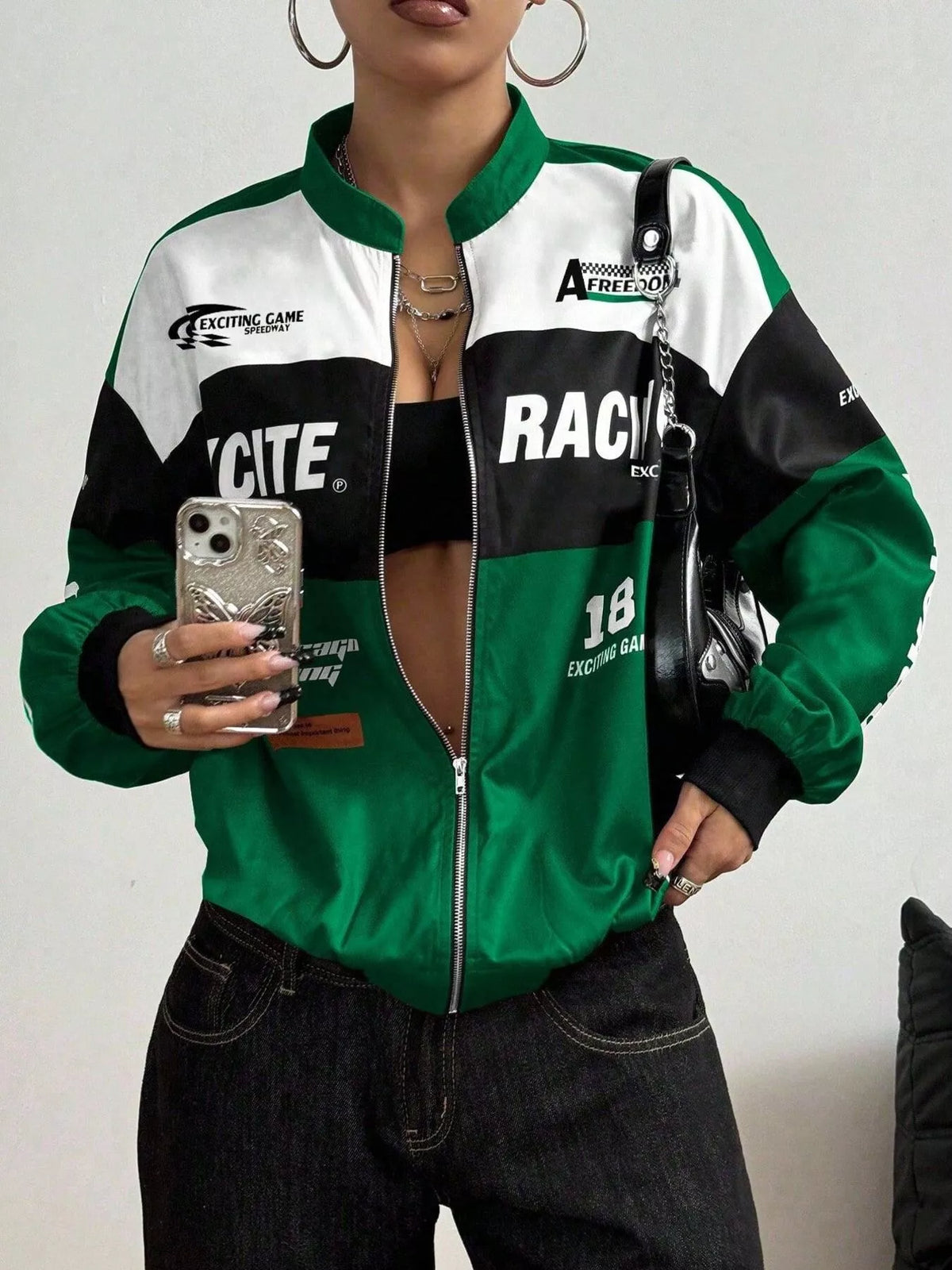 Letter Print Zip Up Jacket Green / XS