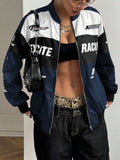 Letter Print Zip Up Jacket Navy Blue / XS