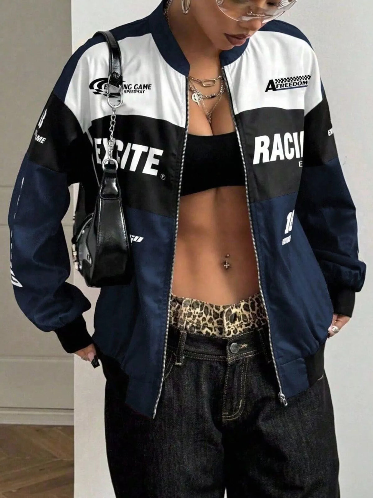 Letter Print Zip Up Jacket Navy Blue / XS