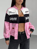 Letter Print Zip Up Jacket Pink / XS