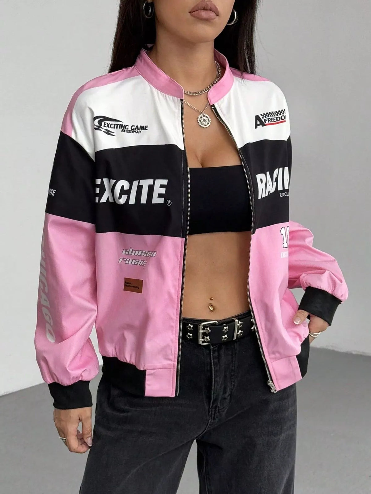 Letter Print Zip Up Jacket Pink / XS