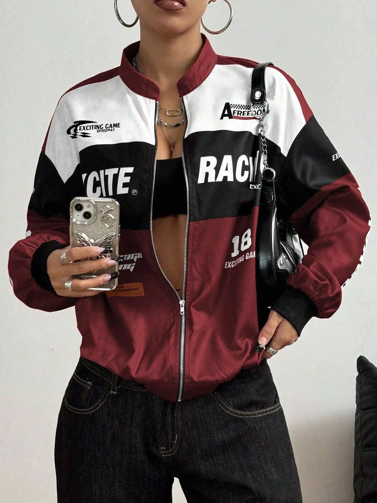 Letter Print Zip Up Jacket Wine Red / XS