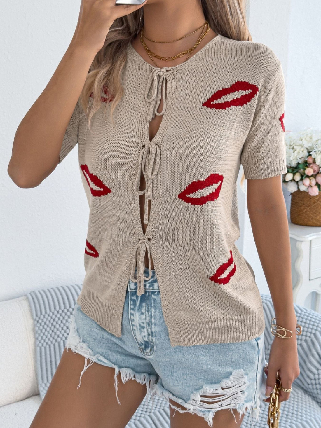 Lips Tie Front Knit Cardigan Khaki / S