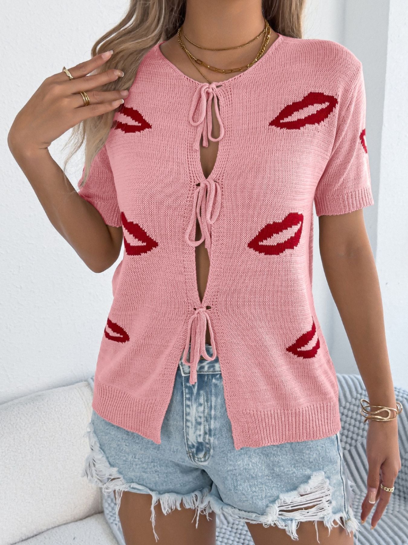 Lips Tie Front Knit Cardigan Pink / S