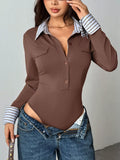 Long Sleeve Button Front Bodysuit Brown / S