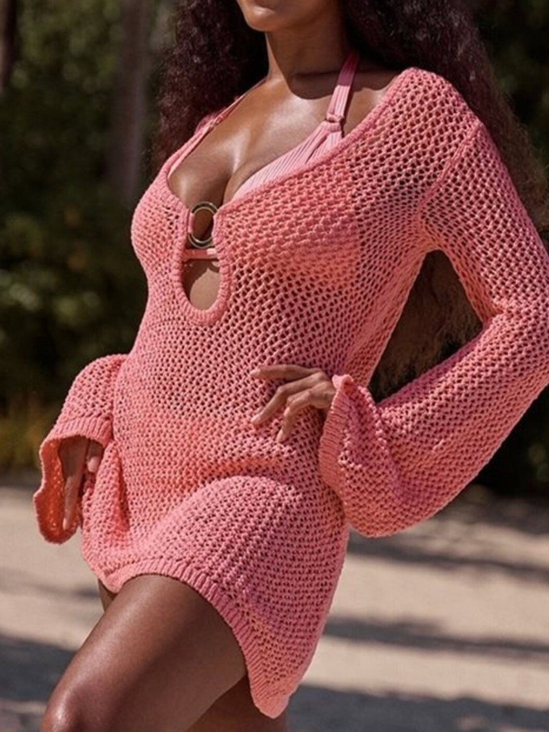 Long Sleeve Crochet Knit Cover Up Dress Dusty Pink / S