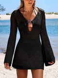 Long Sleeve Crochet Knit Cover Up Dress Black / S