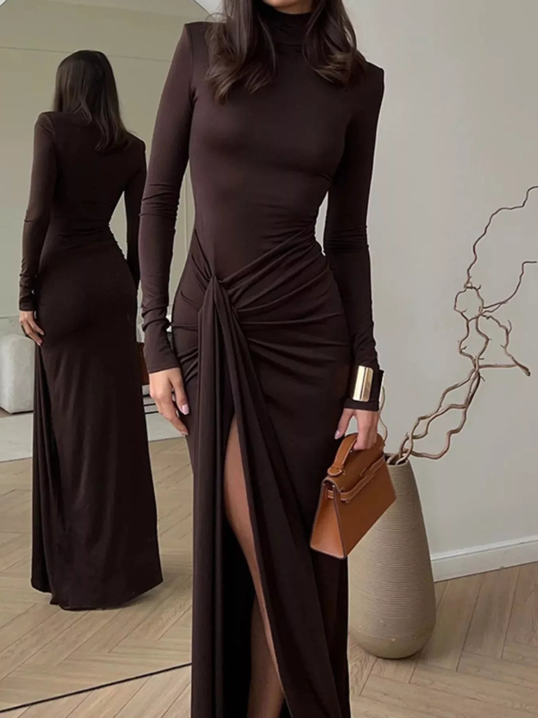 Long Sleeve Maxi Dress Dark Brown / S