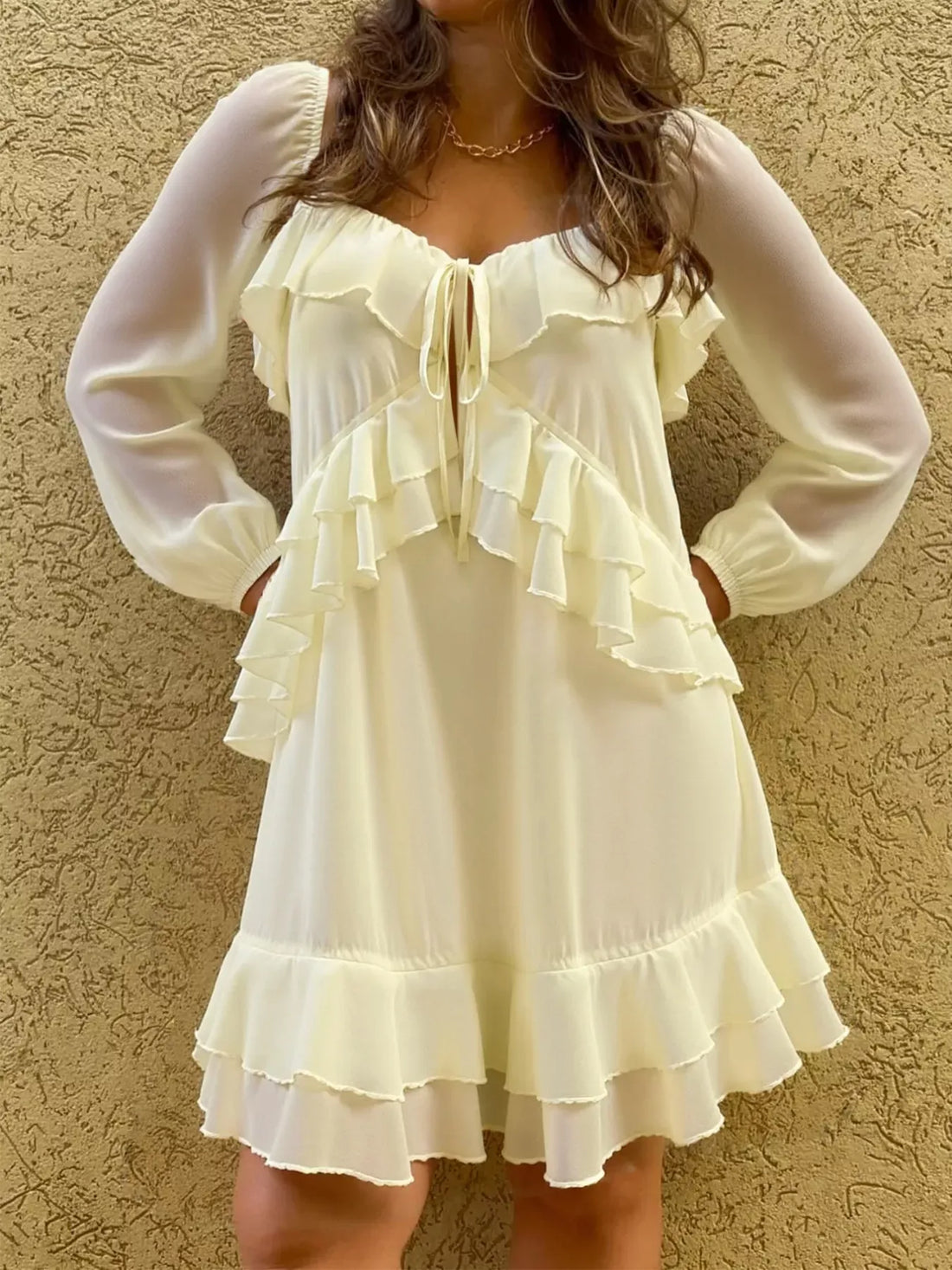 Long Sleeve Mini Dress Cream / S