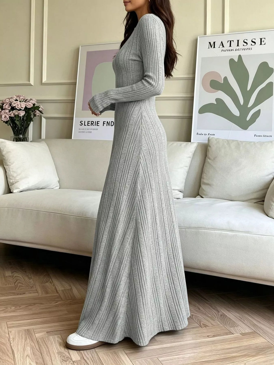 Long Sleeve Ribbed Knit Dress Gray / S