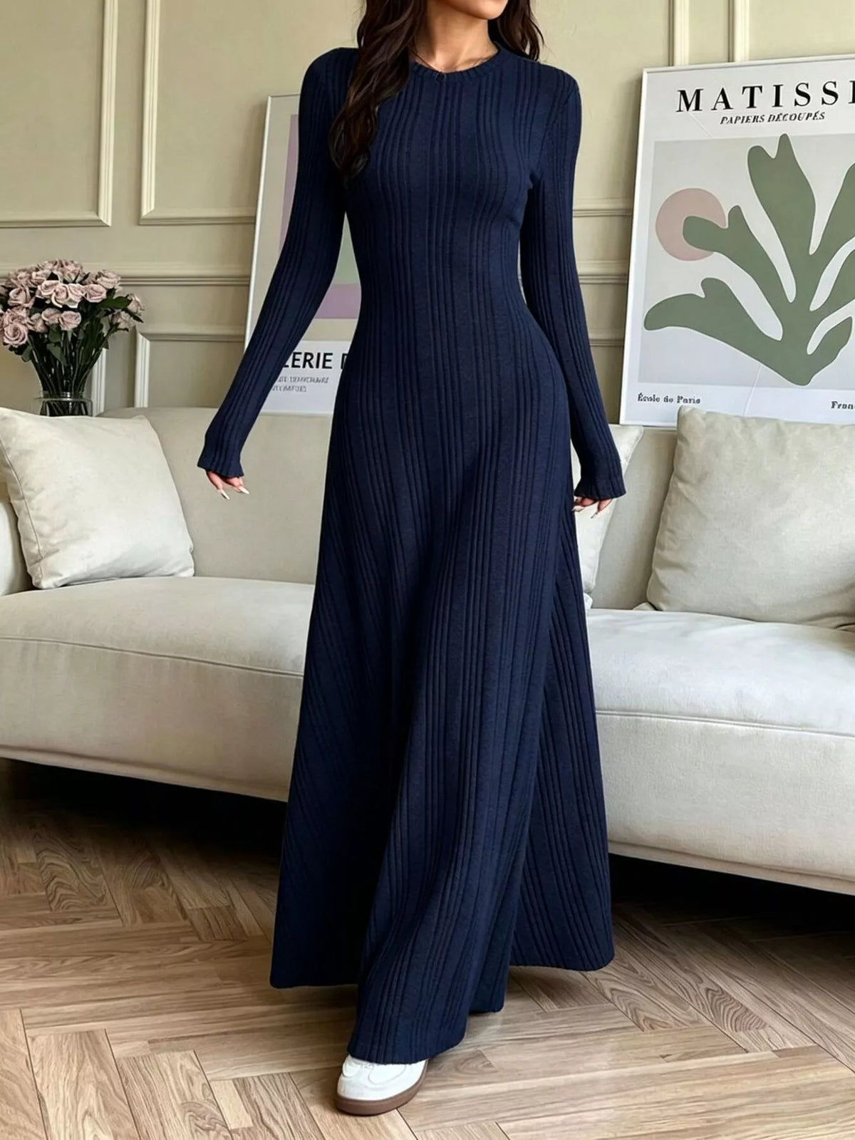 Long Sleeve Ribbed Knit Dress Dark Navy / S