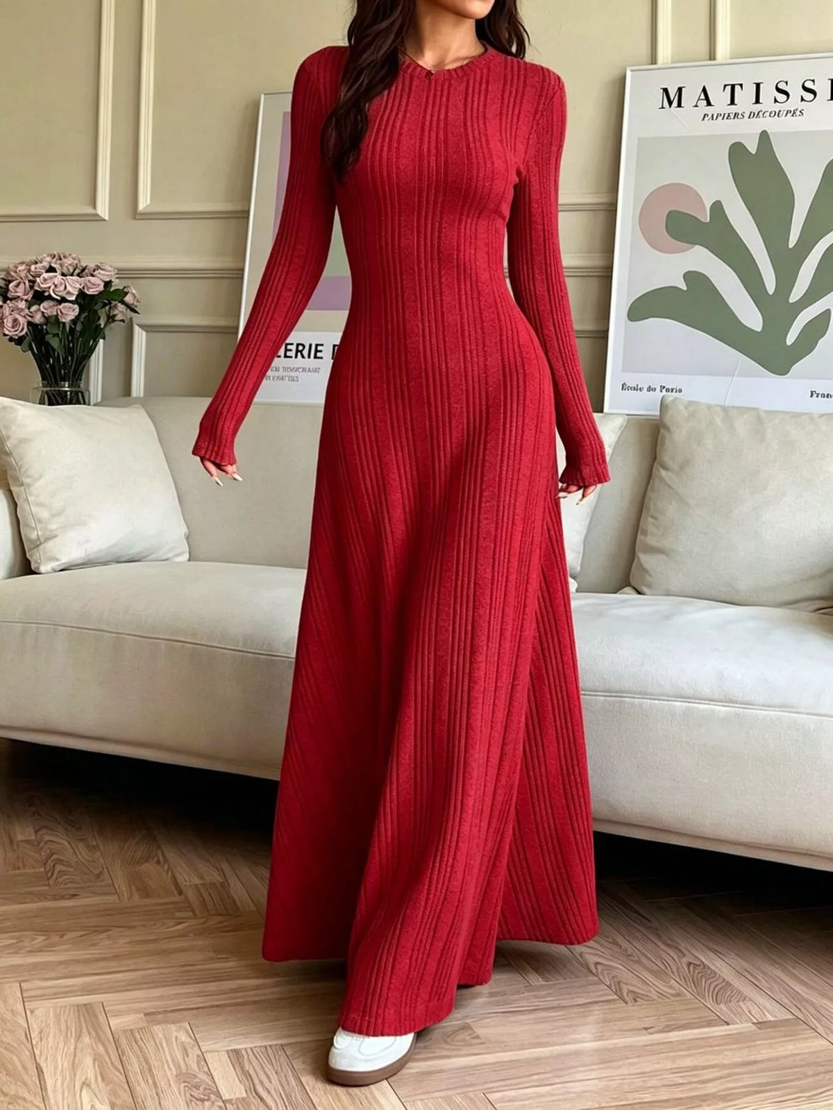 Long Sleeve Ribbed Knit Dress Deep Red / S