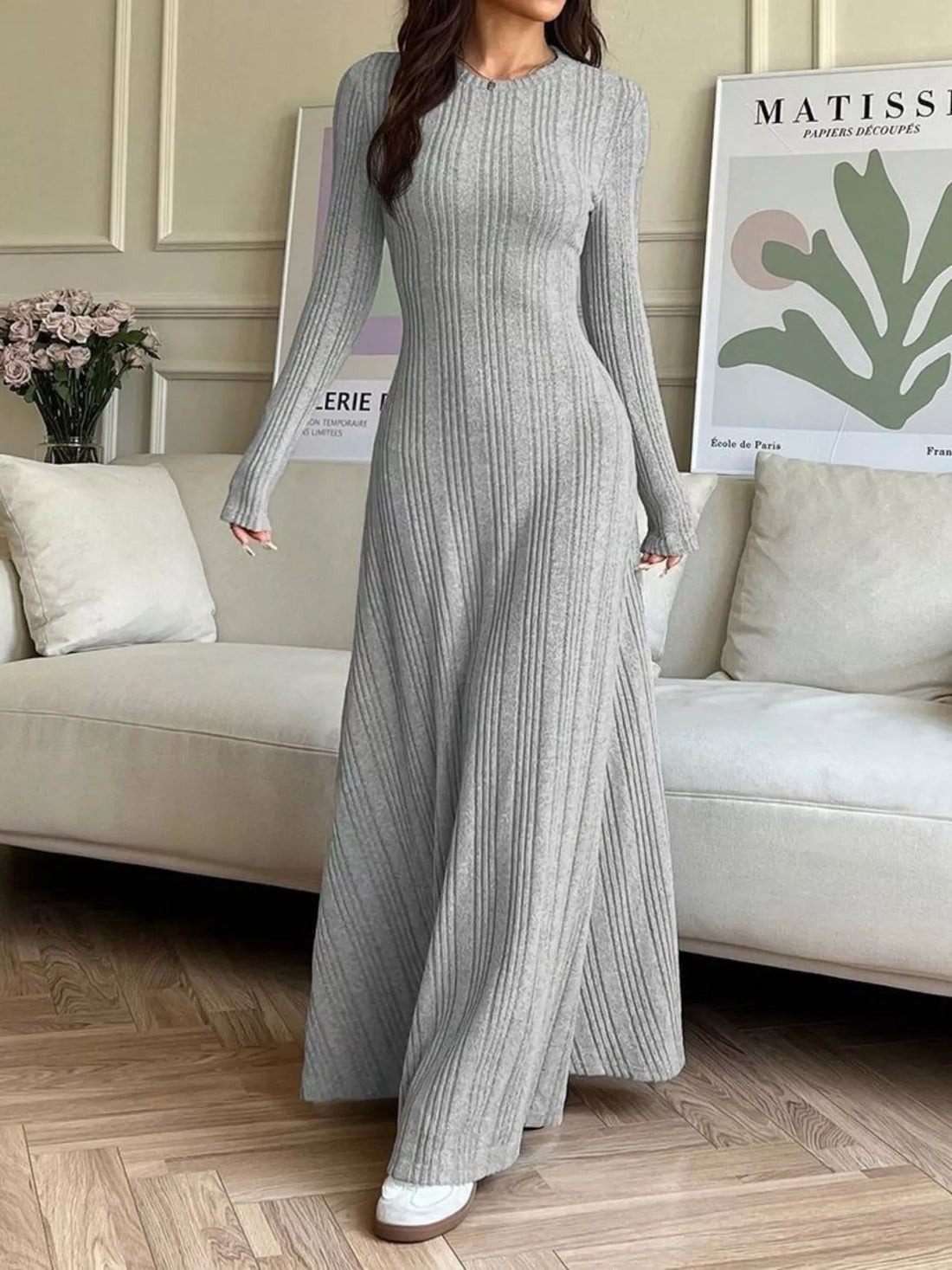 Long Sleeve Ribbed Knit Dress Gray / S