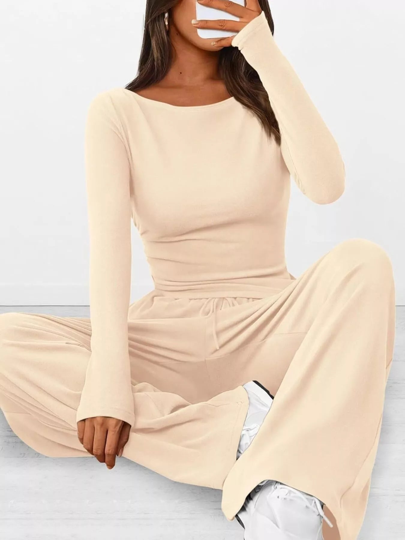 Long Sleeve Top and Wide Leg Pants Set Ivory / XS