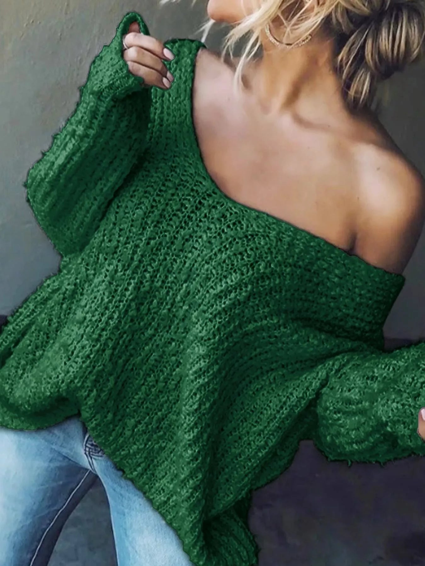 Loose Fit Long Sleeve Sweater Green / S
